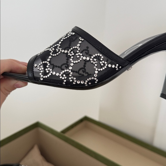 Gucci Black and Silver Rhinestone GG Women's Mules/ Sandal Heels - Picture 4 of 12